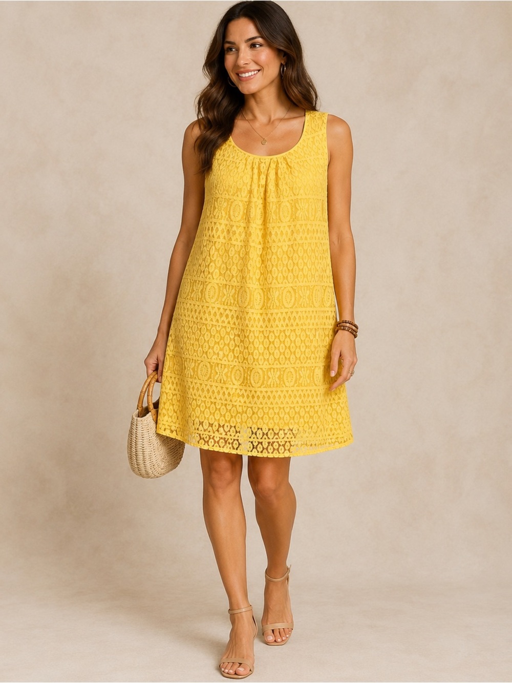 Laundry By Shelli Segal Solid Yellow Crochet Sleeveless Round Neck Dress XL
